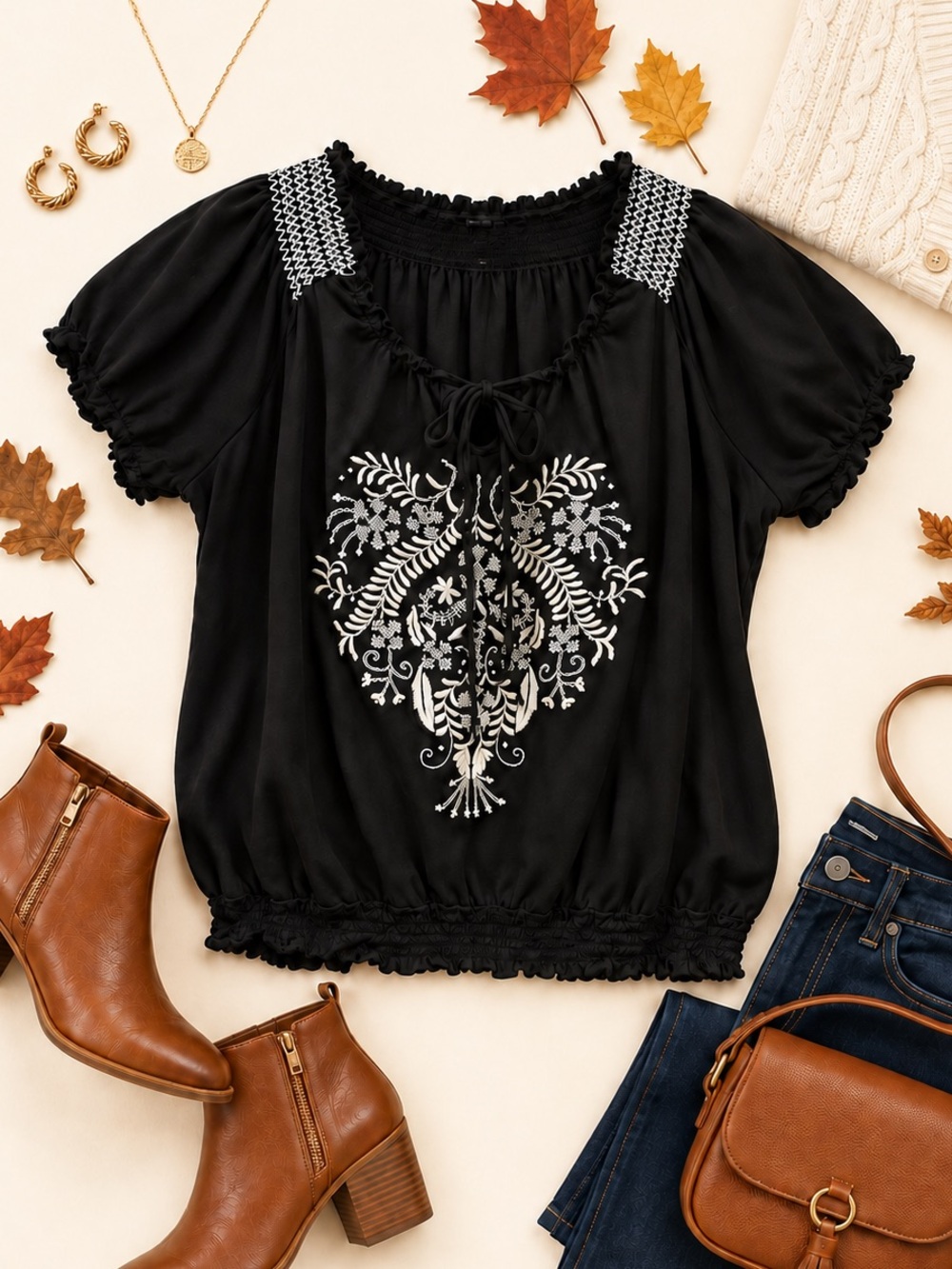 Style & Co Black White Embroidered Boho Peasant Blouse Puff Sleeve Top XL